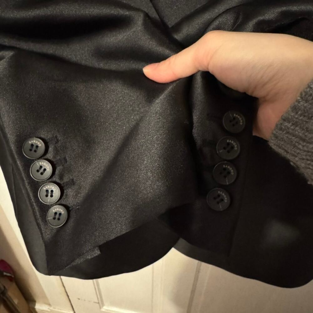Sandro Black Shiny Satin Oversized Suit Jacket Size 1/Small/EU 36/US 4 - Picture 11 of 12